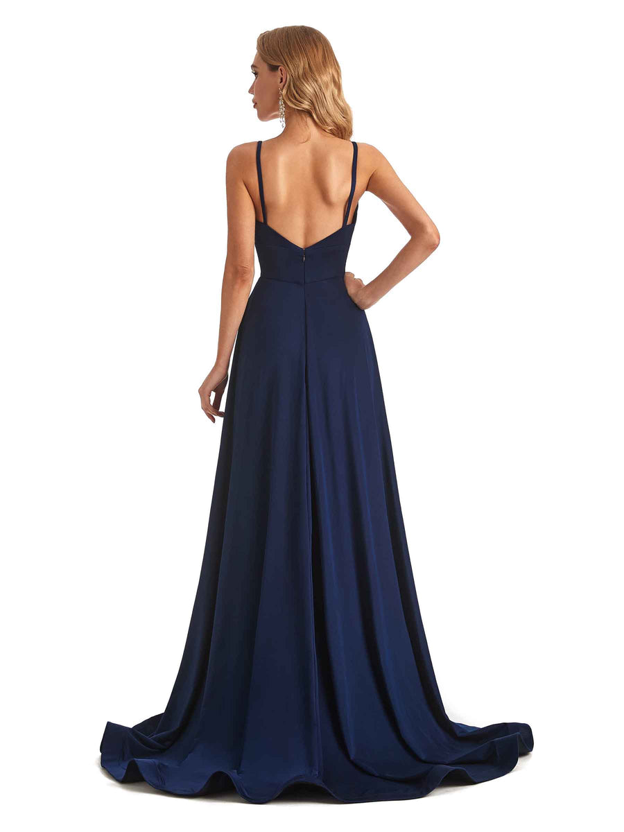 Elegant Spaghetti Straps A-line Side Slit Stretchy Jersey Long Formal Bridesmaid Dresses