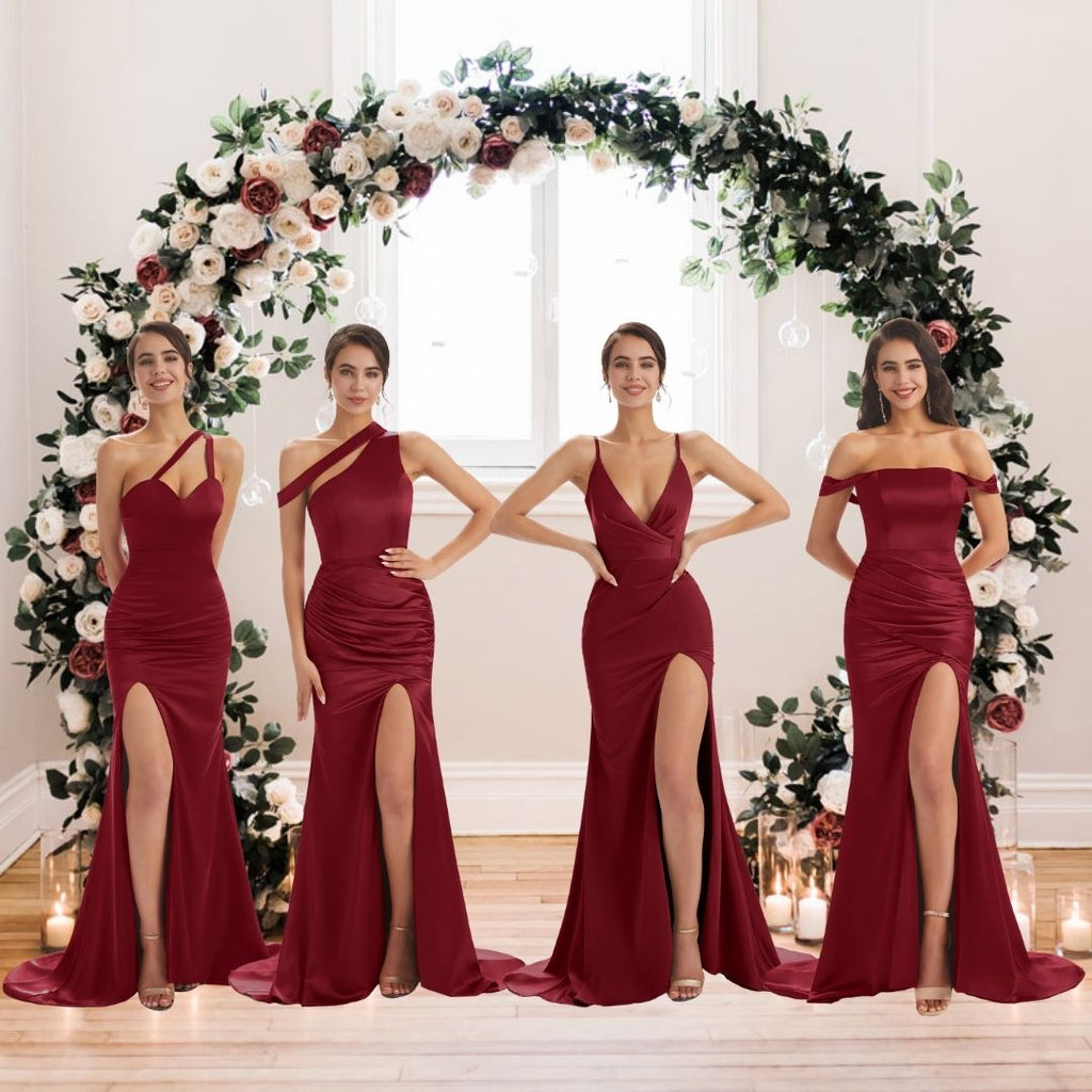 Burgundy Sexy Chic Silky Mismatched Side Slit Mermaid Satin Bridesmaid Dresses Burgundy Sexy Chic Silky Mismatched Side Slit Mermaid Satin Bridesmaid Dresses