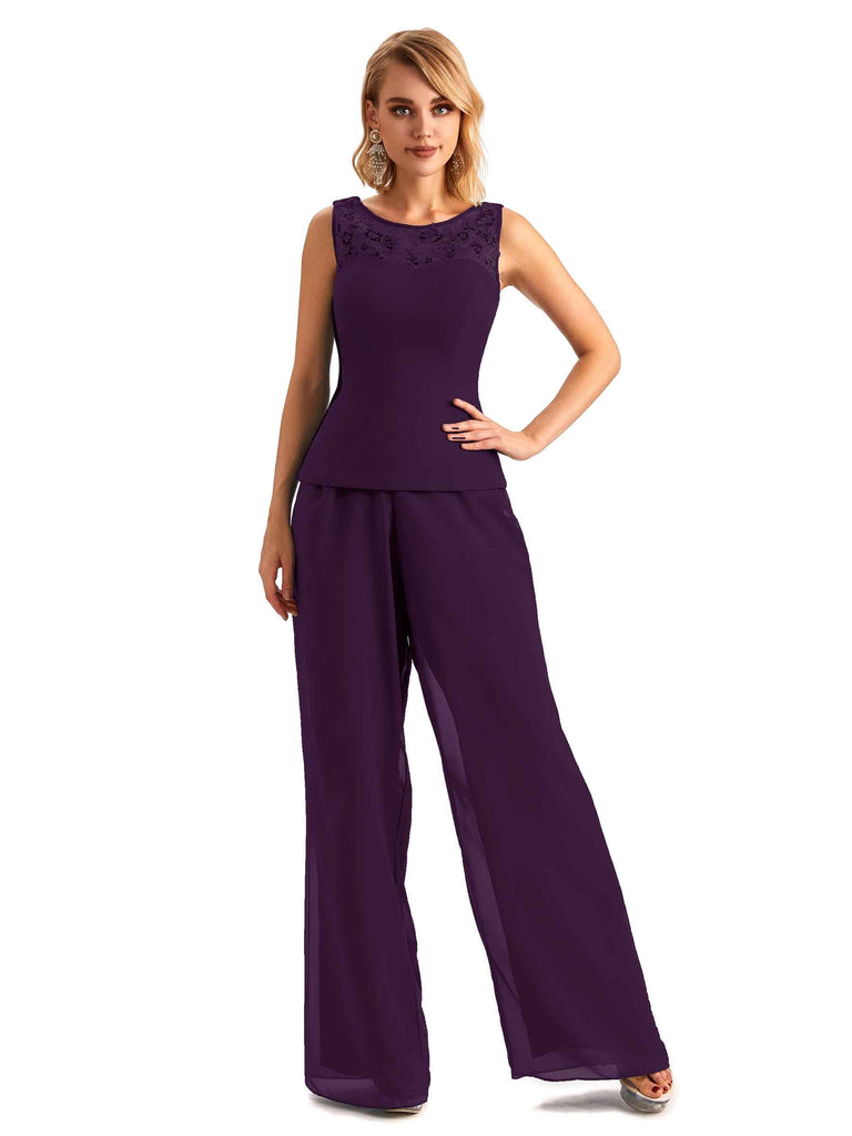 Elegant Chiffon Jewel Sleeveless Pant Suit Mother Of The Bride With Jacket  Online - ChicSew