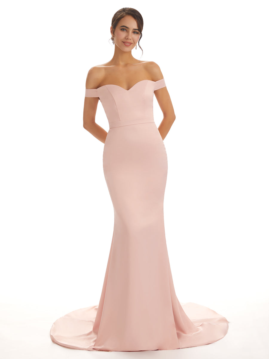 Elegant Off The Shoulder Maxi Unique Satin Mermaid Bridesmaid Dresses Online