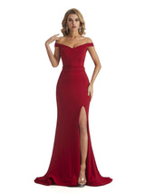 Elegant Off the Shoulder Mermaid Side Slit Stretchy Jersey Long Unique Bridesmaid Dresses