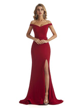 Elegant Off the Shoulder Mermaid Side Slit Stretchy Jersey Long Unique Bridesmaid Dresses