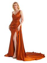 Sexy Side Slit One Shoulder Maxi Soft Satin Unique Mermaid Bridesmaid Dresses For Wedding