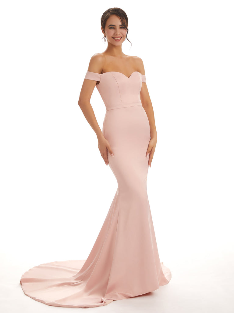 Elegant Mermaid Off The Shoulder Long Soft Satin Mermaid Wedding Bridesmaid Dresses On Sale
