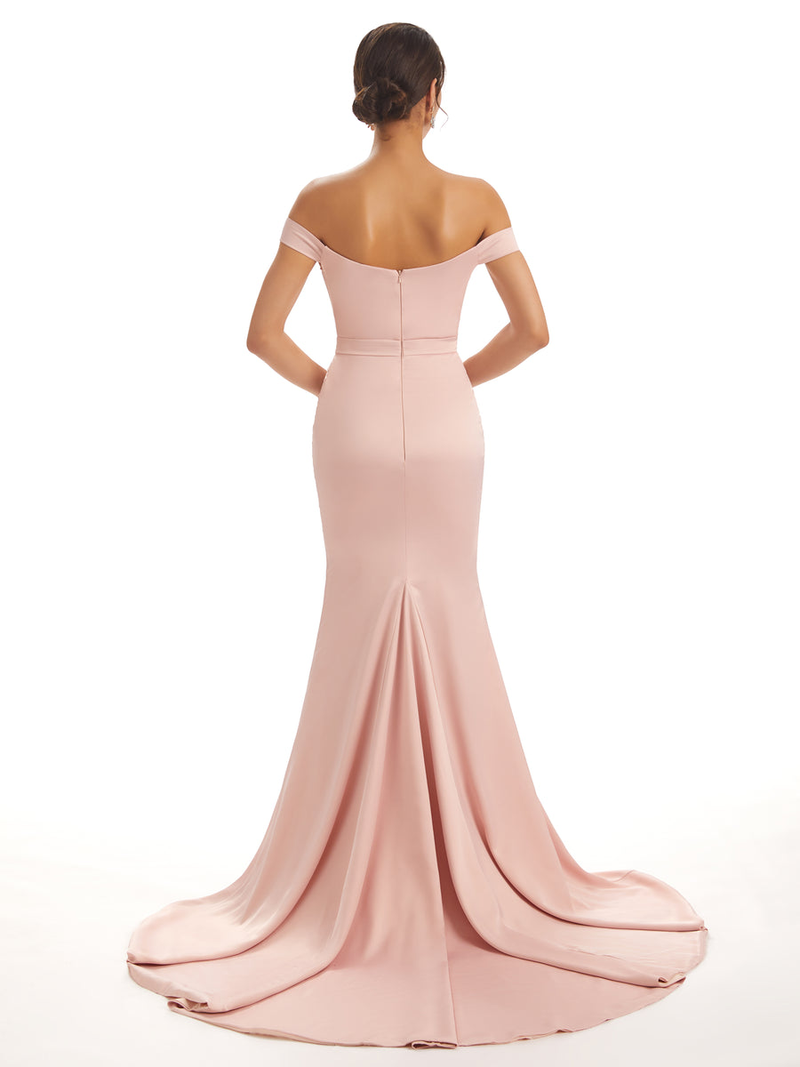 Elegant Off The Shoulder Maxi Unique Satin Mermaid Bridesmaid Dresses Online