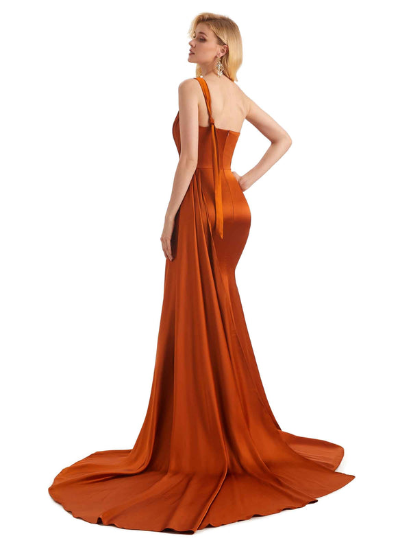 Sexy Side Slit One Shoulder Floor Length Soft Satin Mermaid Graduation