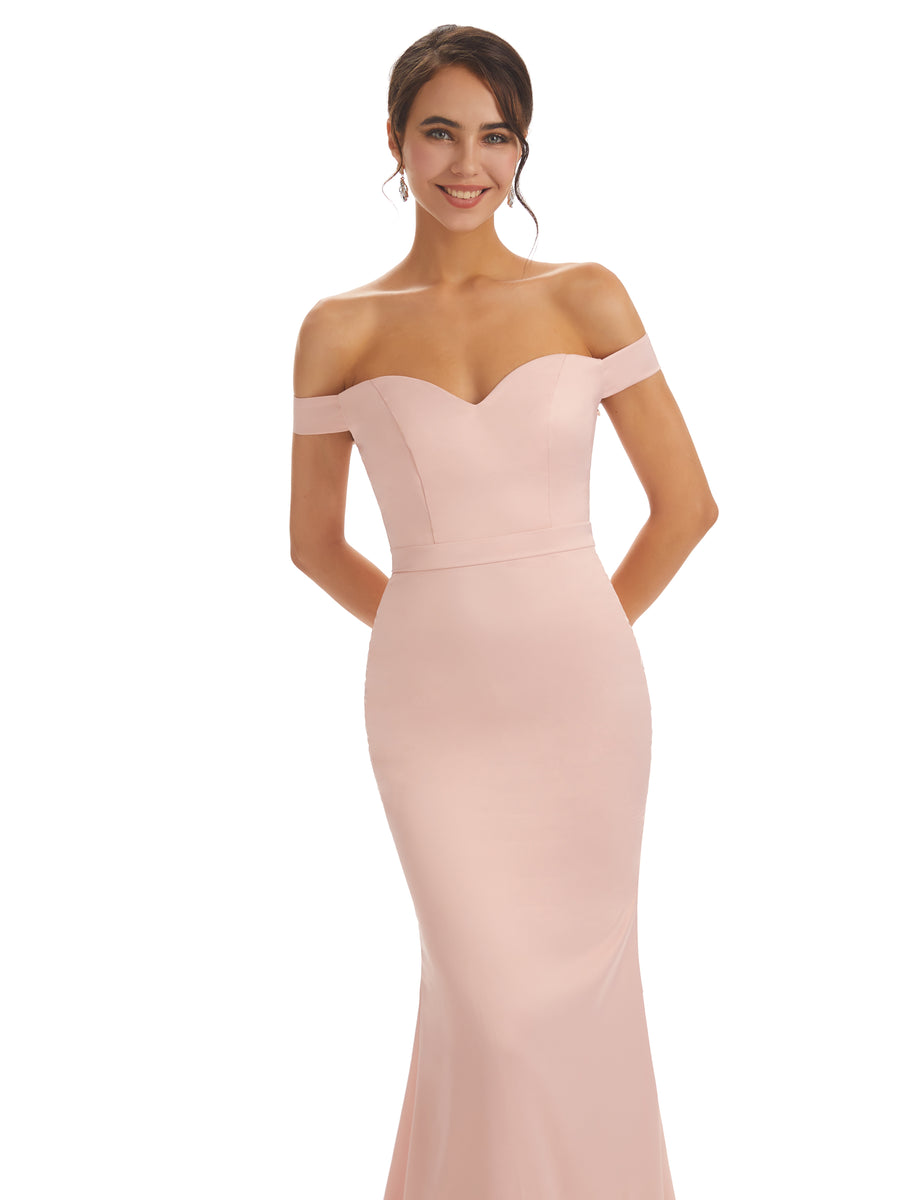 Elegant Off The Shoulder Maxi Unique Satin Mermaid Bridesmaid Dresses Online