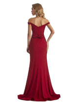 Elegant Off the Shoulder Mermaid Side Slit Stretchy Jersey Long Unique Bridesmaid Dresses
