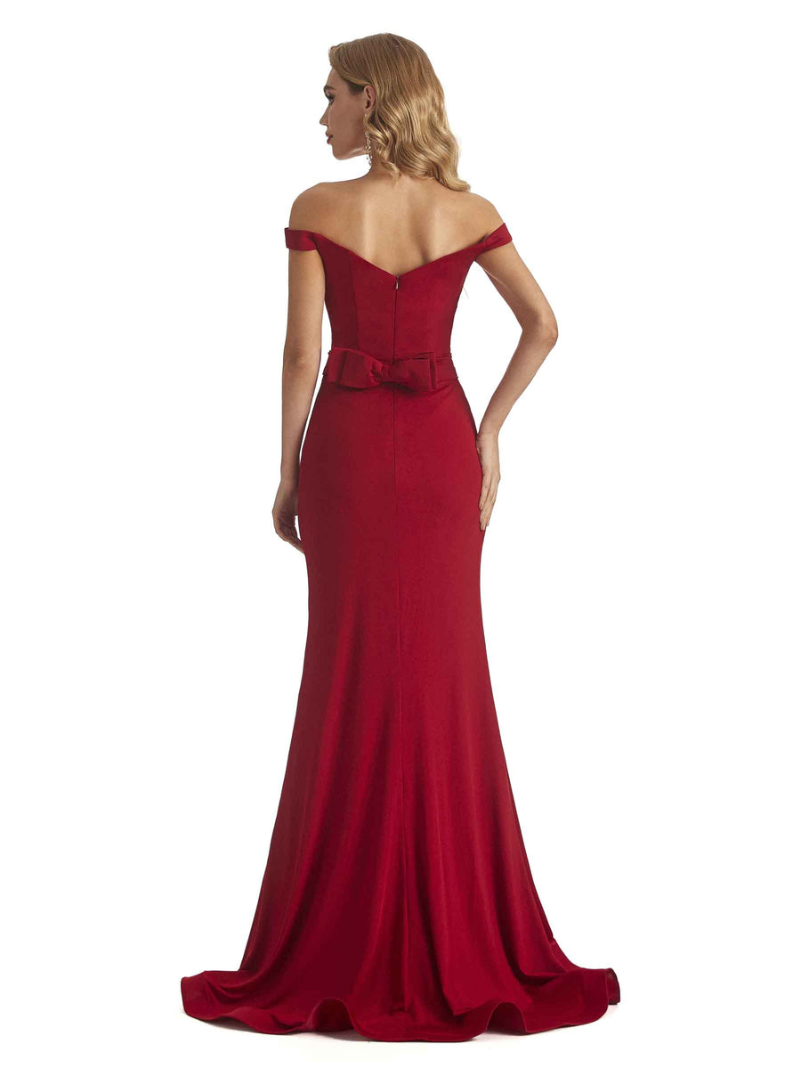 Elegant Off the Shoulder Mermaid Side Slit Stretchy Jersey Long Unique Bridesmaid Dresses