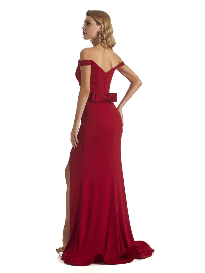 Elegant Off the Shoulder Mermaid Side Slit Stretchy Jersey Long Unique Bridesmaid Dresses