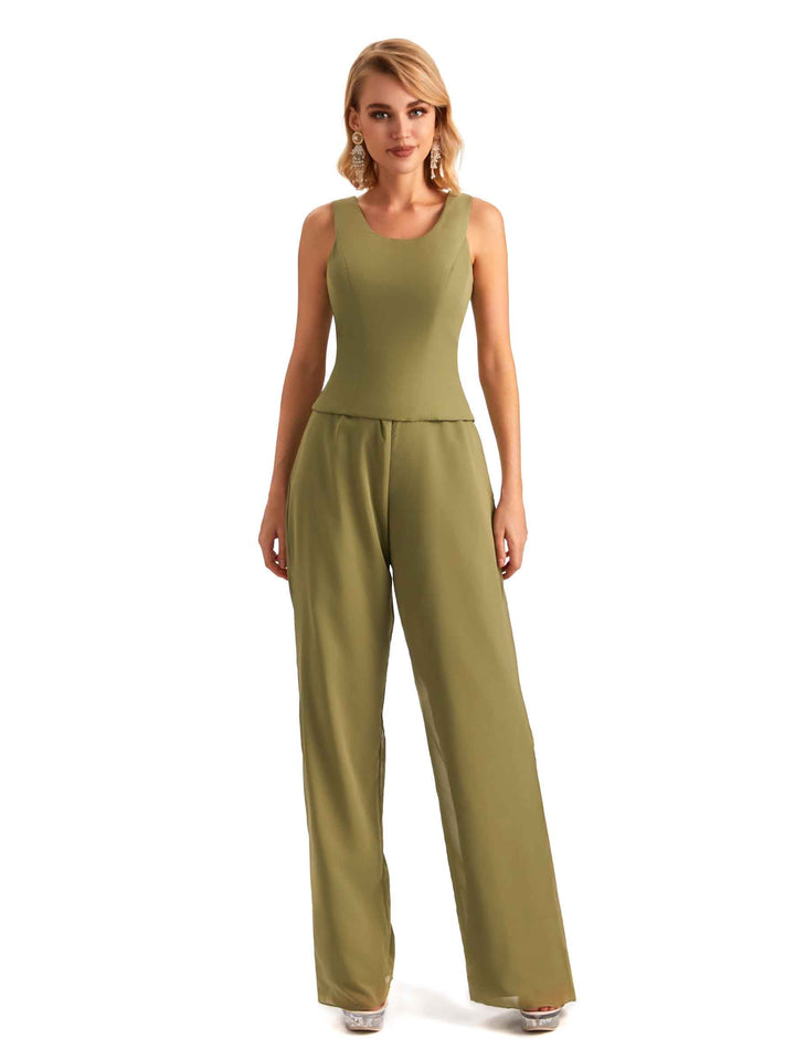 Elegant Chiffon Scoop Mother Of The Bride Pant Suit With Lace Jacket