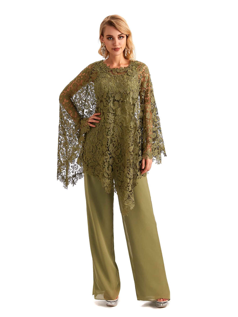 3 Piece Mother of the Bride Pant Suit with Irregular Lace Chiffon Jack –  Cap Point