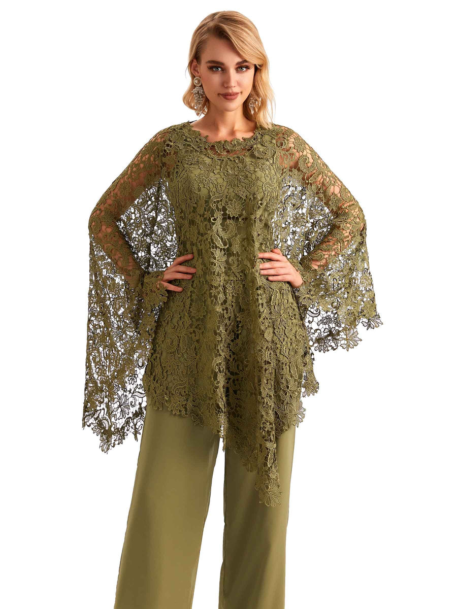 Elegant Chiffon Scoop Mother Of The Bride Pant Suit With Lace Jacket