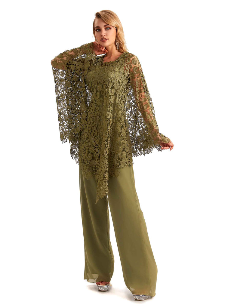 Elegant Chiffon Scoop Mother Of The Bride Pant Suit With Lace Jacket