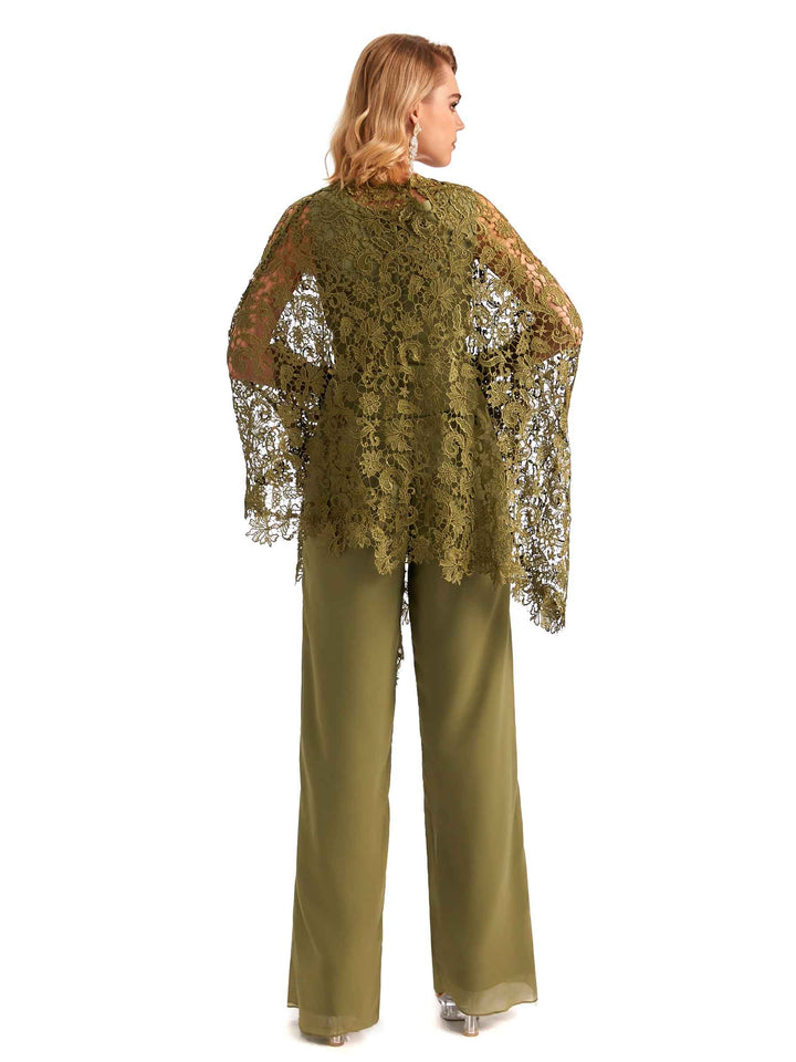 Elegant Chiffon Scoop Mother Of The Bride Pant Suit With Lace Jacket