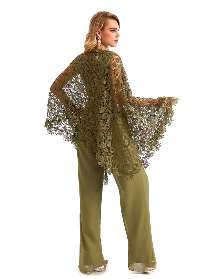 Elegant Chiffon Scoop Mother Of The Bride Pant Suit With Lace Jacket