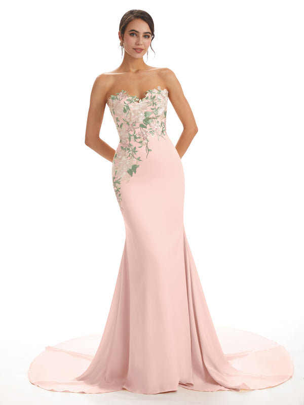 Cute Sweetheart Soft Satin Floral Lace Mermaid Long Bridesmaid Dresses