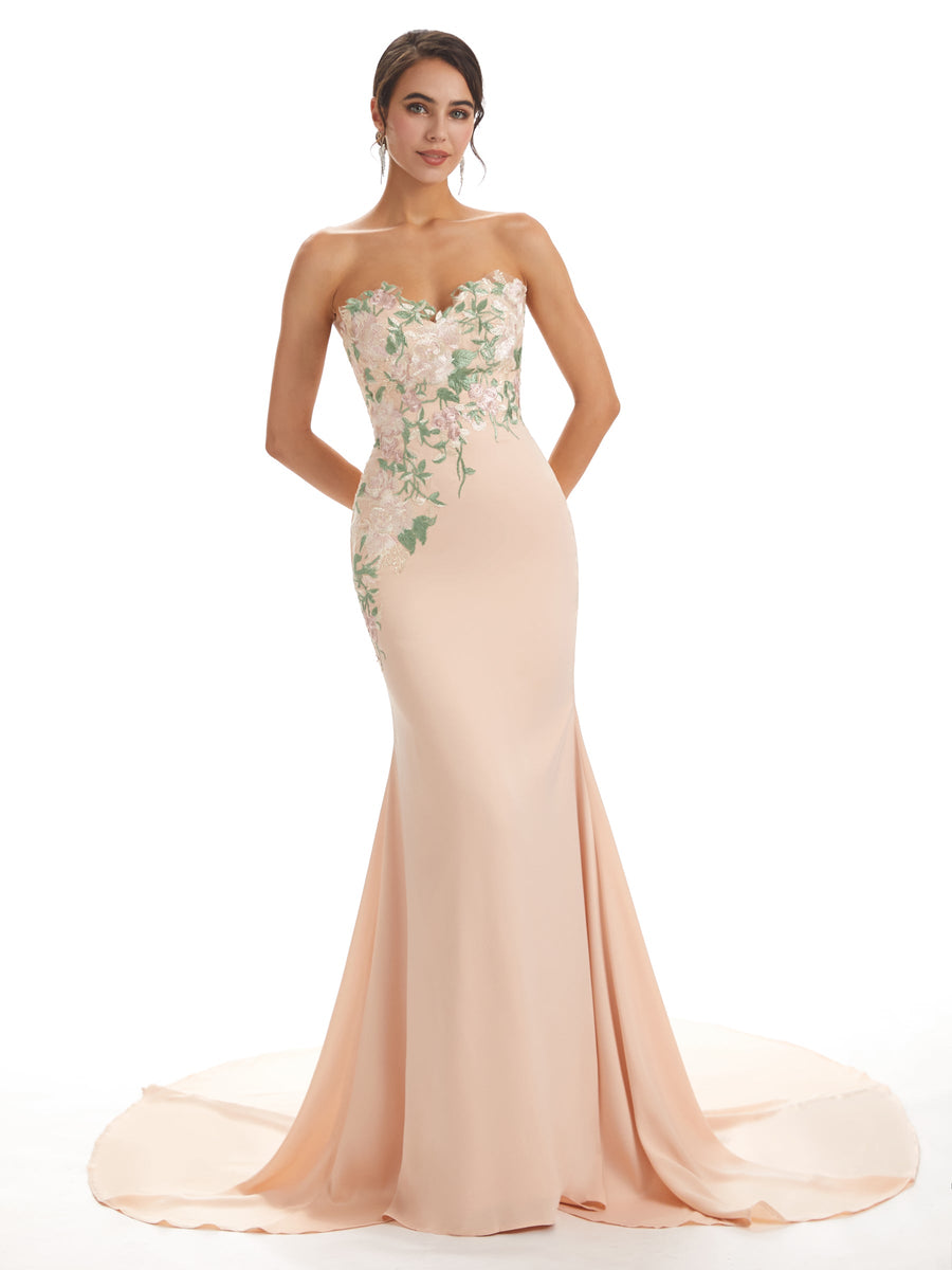 Modern Sweetheart Soft Satin Lace Mermaid Long Wedding Party Dresses