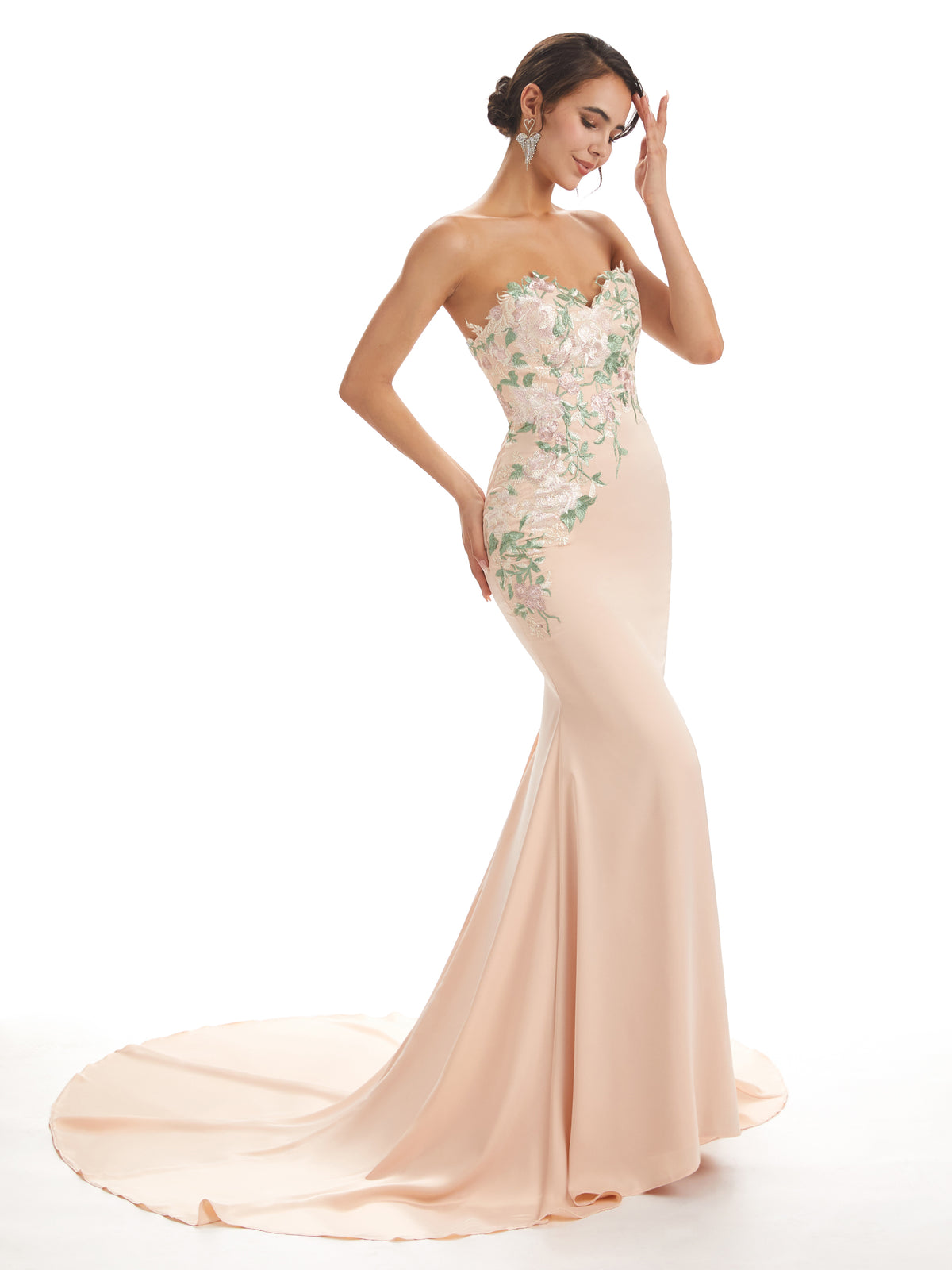 Cute Sweetheart Soft Satin Floral Lace Mermaid Long Bridesmaid Dresses