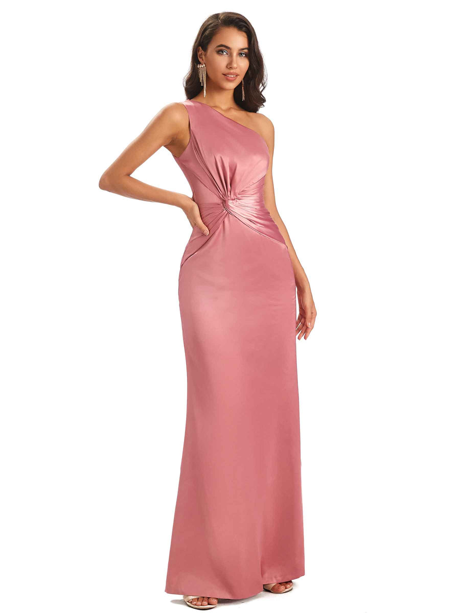 Modern Side Slit One Shoulder Soft Satin Sheath UniqueBridesmaid Dresses Gown
