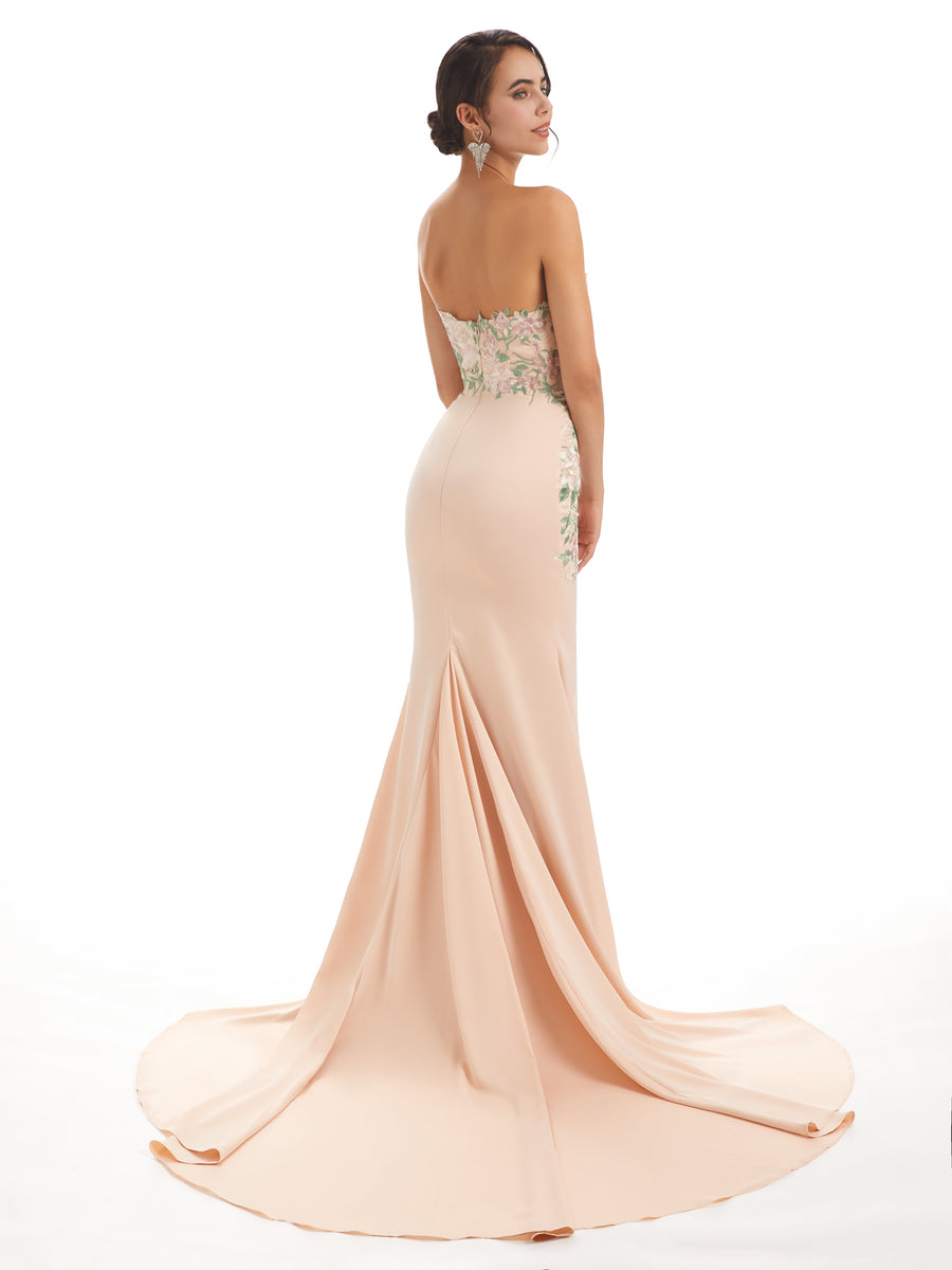 Cute Sweetheart Soft Satin Floral Lace Mermaid Long Bridesmaid Dresses