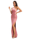 Elegant Side Slit One Shoulder Simple Satin Long Mermaid Prom Dresses Online