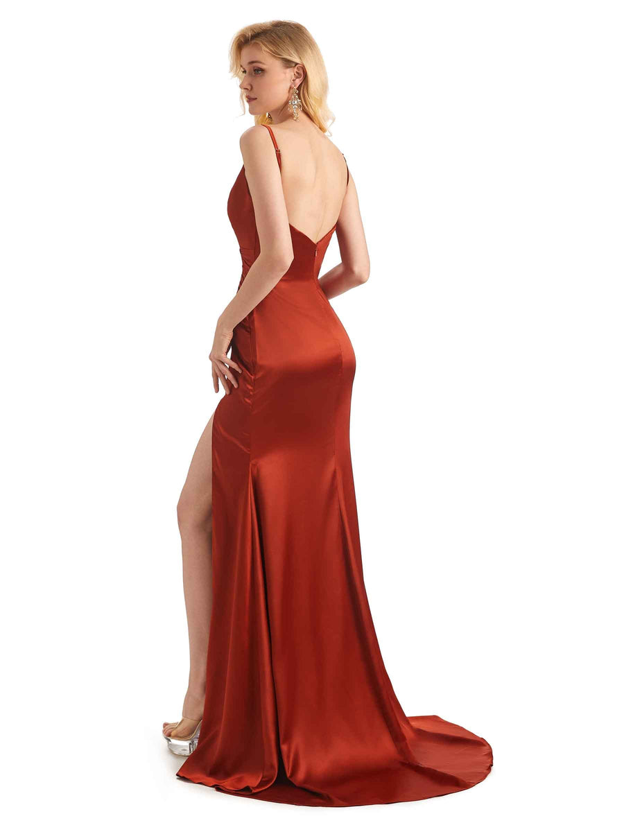 Sexy Side Slit Soft Satin  V-Neck Long Mermaid Unique Bridesmaid Dresses Online