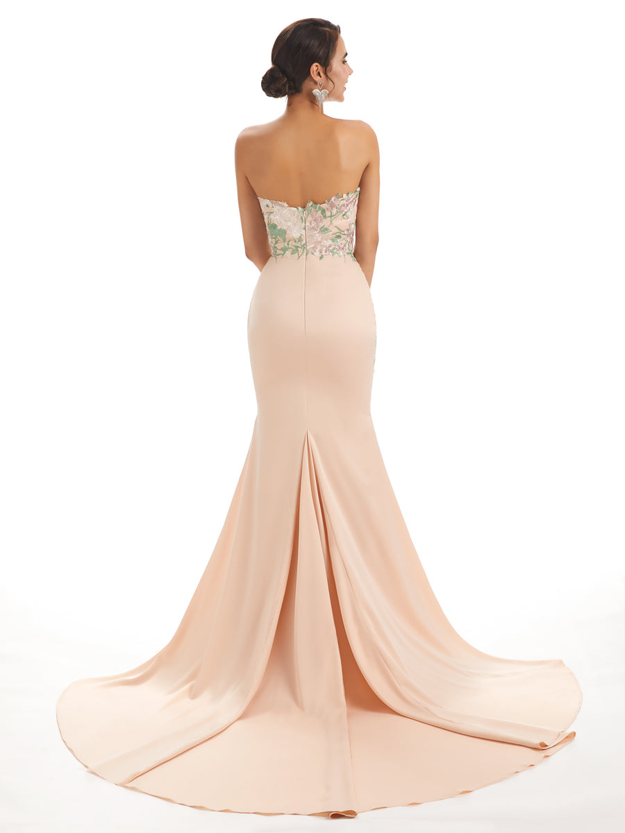 Cute Sweetheart Soft Satin Floral Lace Mermaid Long Bridesmaid Dresses