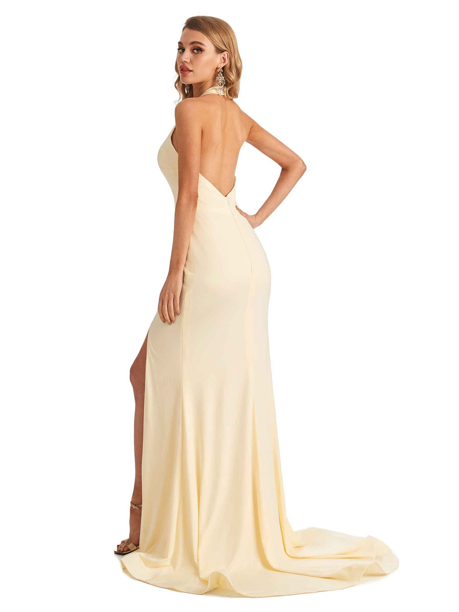 Sexy Backless Mermaid Halter Side Slit Stretchy Jersey Long Formal Bridesmaid Dresses