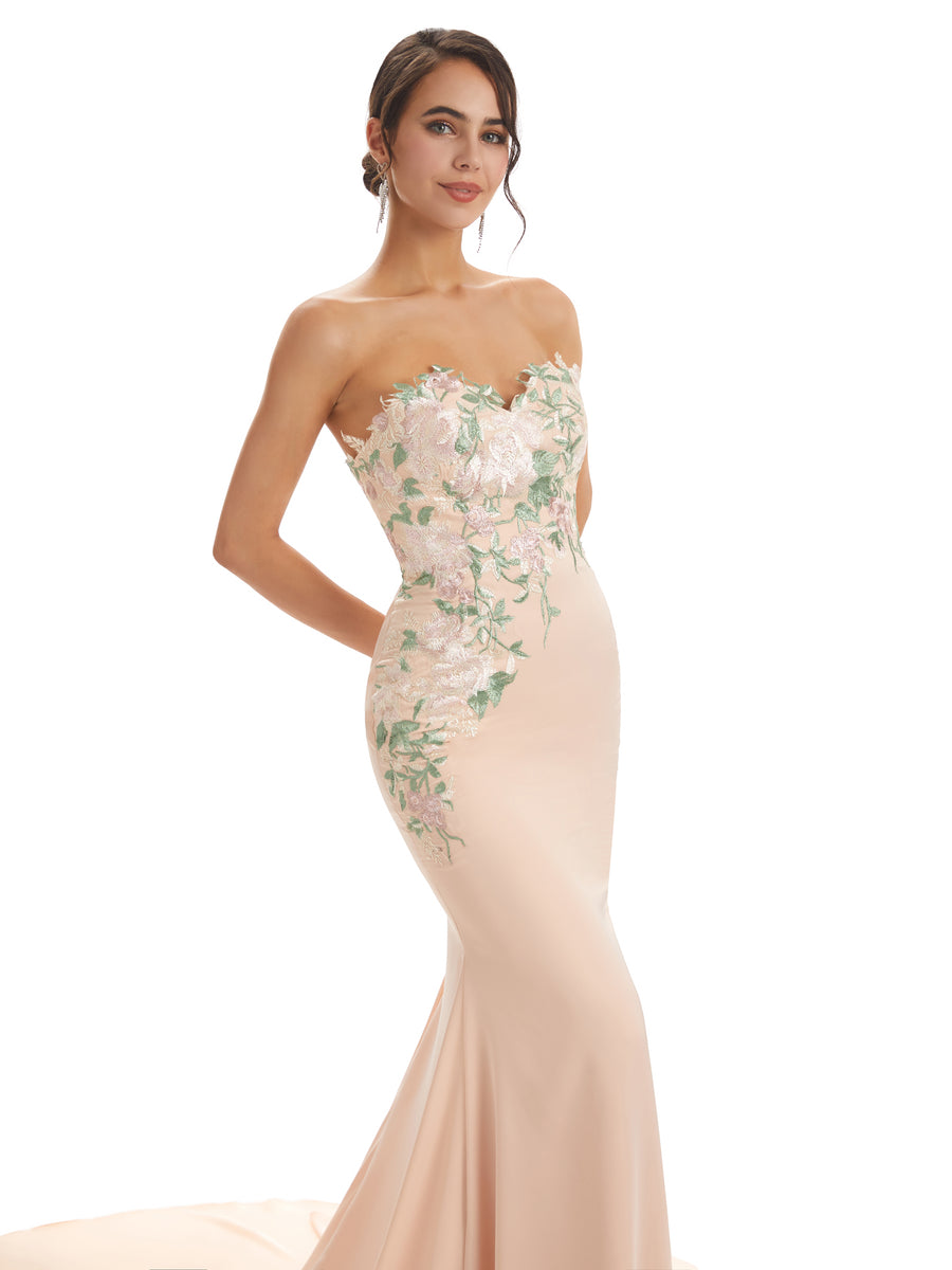 Cute Sweetheart Soft Satin Floral Lace Mermaid Long Bridesmaid Dresses