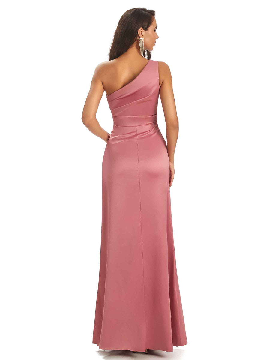 Elegant Side Slit One Shoulder Simple Satin Long Mermaid Prom Dresses Online