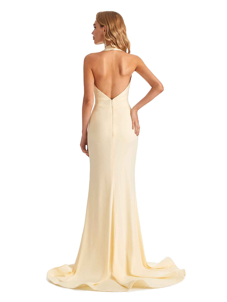 Sexy Backless Mermaid Halter Side Slit Stretchy Jersey Long Formal Bridesmaid Dresses