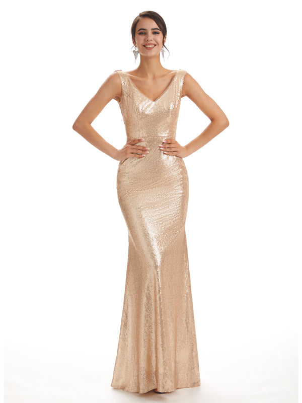Sparkly Sequin V-neck Floor-Length Mermaid Bridesmaid Dresses