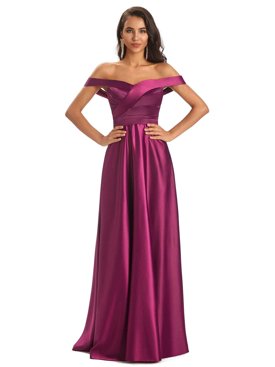 Sexy Soft Satin Off The Shoulder A-Line Long Bridesmaid Dresses Online In Stock
