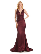 Sexy Backless Soft Satin V-Neck Floor Length Maxi Mermaid Prom Dresses Online