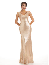 Sparkly Sequin V-neck Floor-Length Mermaid Bridesmaid Dresses