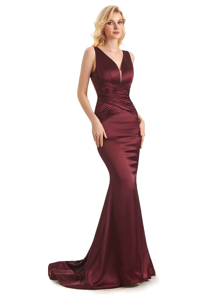Sexy Backless Soft Satin V-Neck Floor Length Maxi Mermaid Prom Dresses Online