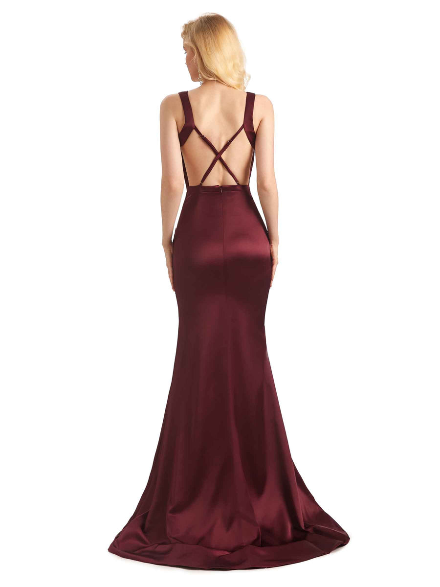 Sexy Backless Soft Satin V-Neck Floor Length Maxi Mermaid Bridesmaid Dresses Online