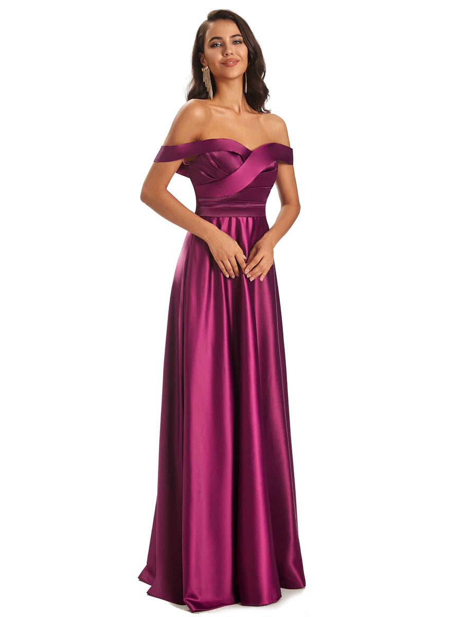 Sexy Soft Satin Off The Shoulder A-Line Long Bridesmaid Dresses Online In Stock