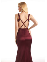 Sexy Backless Soft Satin V-Neck Floor Length Maxi Mermaid Bridesmaid Dresses Online