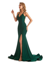 Sexy Mermaid Spaghetti Straps V-Neck Side Slit Stretchy Jersey Long Formal Bridesmaid Dresses