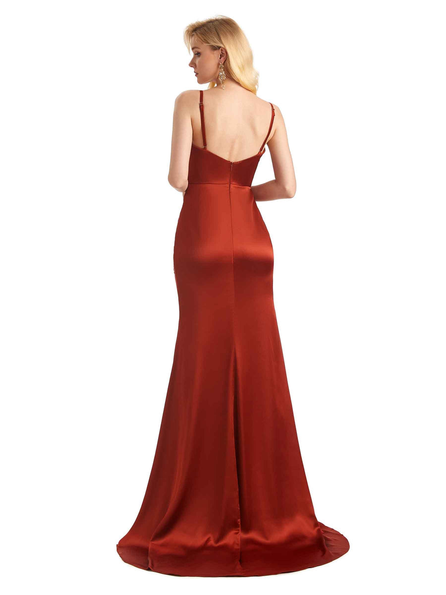 Sexy Side Slit V-Neck Spaghetti Straps Satin Evening Prom Dresses Online