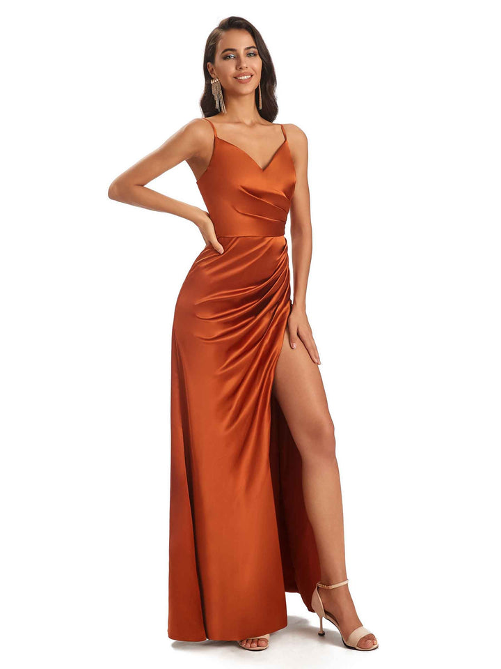 Sexy Ruched Satin Long Unique Formal Dresses For Women V-Neck Spaghetti Straps Side Slit