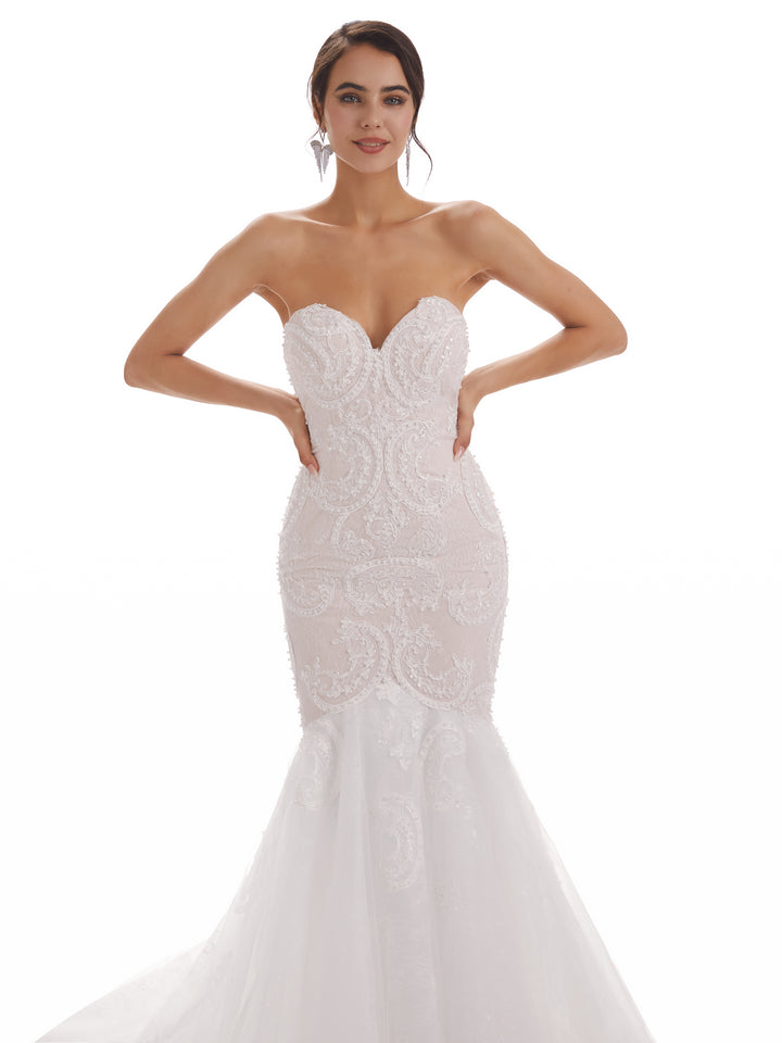 Sweetheart Long Mermaid Ivory Backless Lace Wedding Dresses