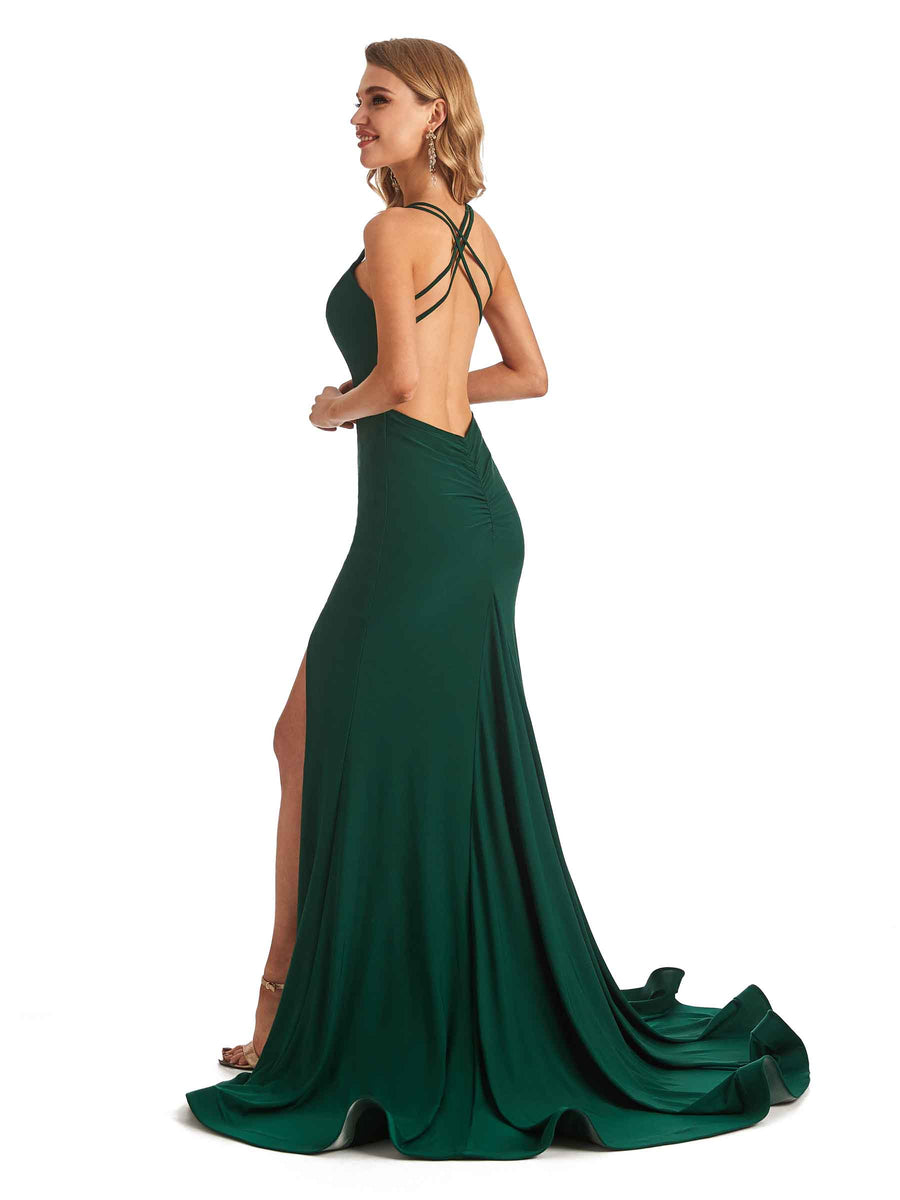 Sexy Mermaid Spaghetti Straps V-Neck Side Slit Stretchy Jersey Long Formal Bridesmaid Dresses