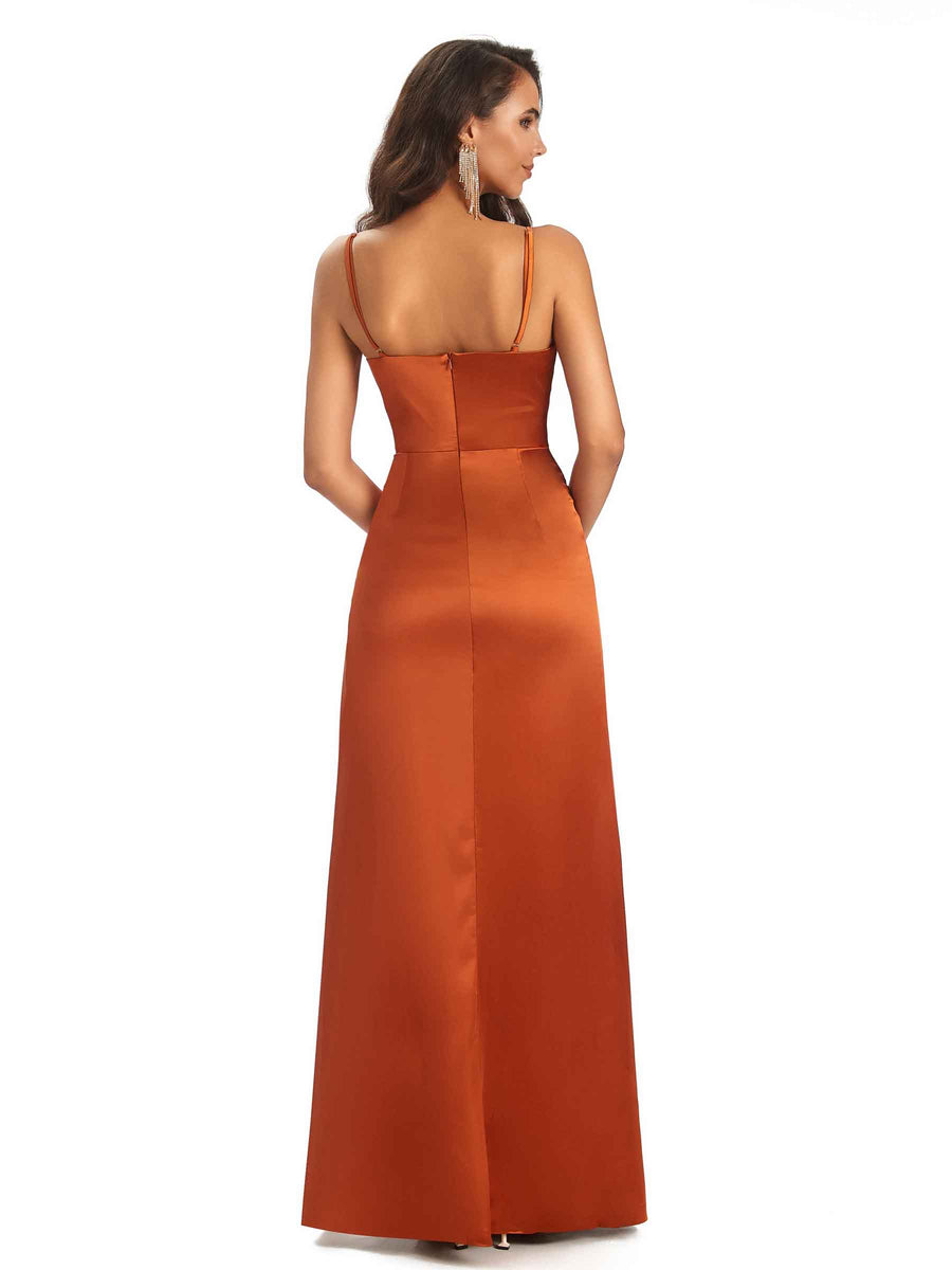 Sexy Soft Satin V-Neck Spaghetti Straps Side-Slit Long Unique Bridesmaid Dresses