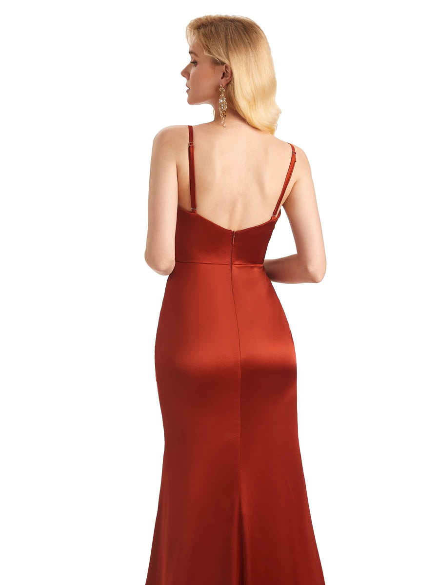 Sexy Side Slit V-Neck Spaghetti Straps Satin Wedding Guest Dresses Online
