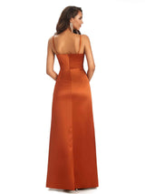 Sexy Ruched Satin Long Unique Formal Dresses For Women V-Neck Spaghetti Straps Side Slit