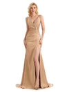 Sexy Side Slit V-neck Floor-Length Satin Maxi Mermaid Fomral Prom Dresses Online