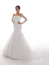 Sweetheart Long Sleeves Long Mermaid Ivory Lace Chapel Train Wedding Dresses